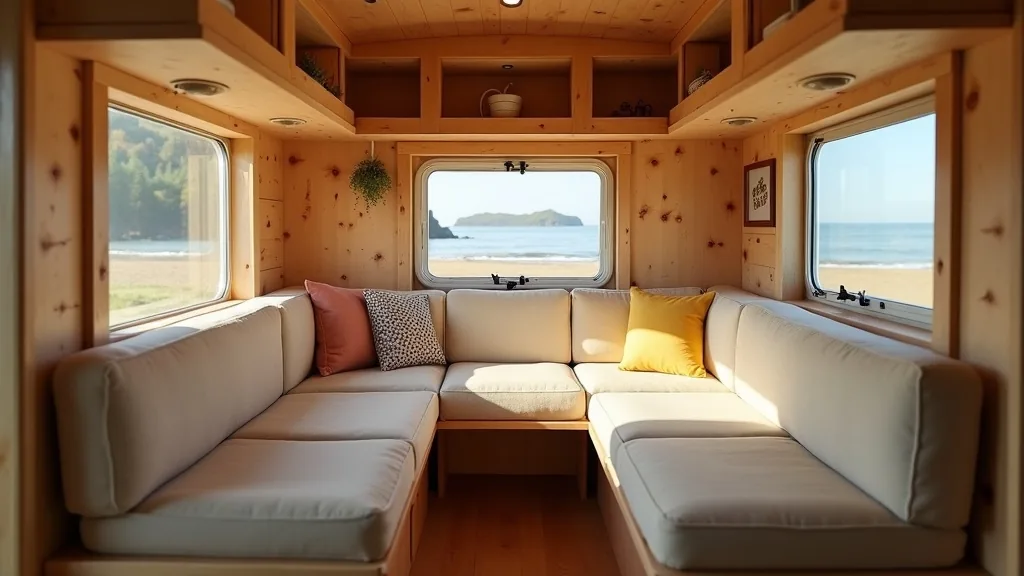 U-shaped convertible lounge with removable cushions in a tiny camper