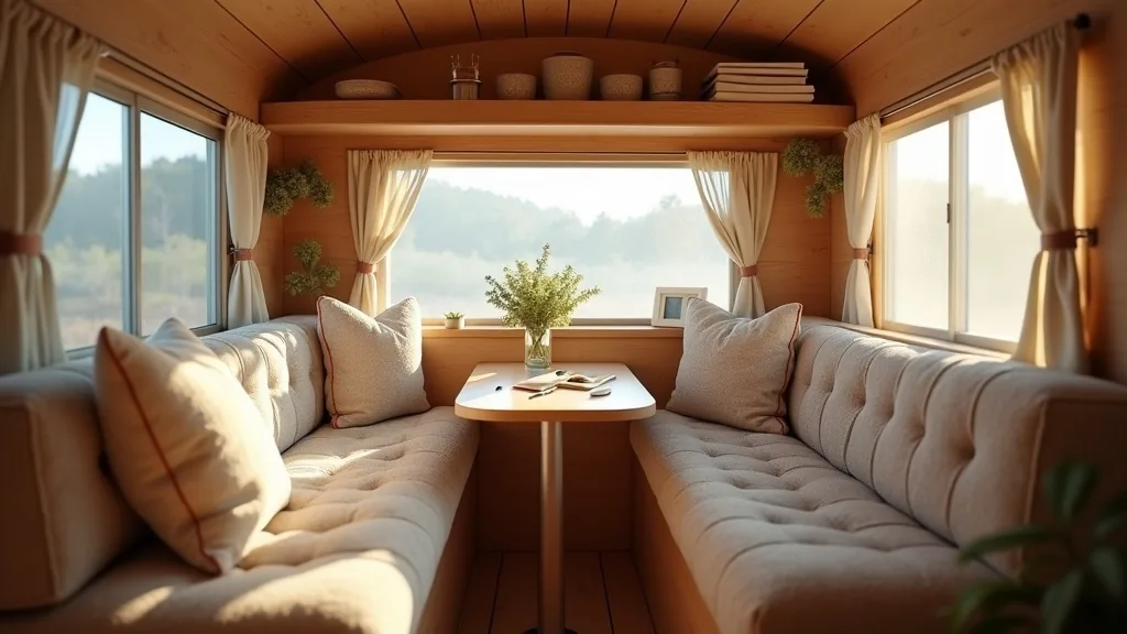 Cozy camper dinette lounge with soft textiles