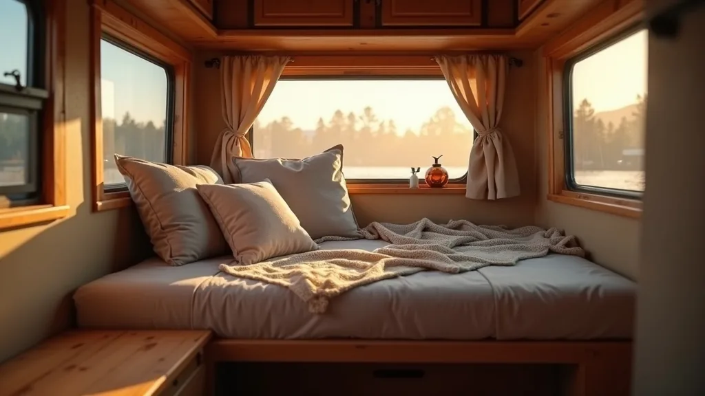 Convertible bench bed made up with pillows and a throw
