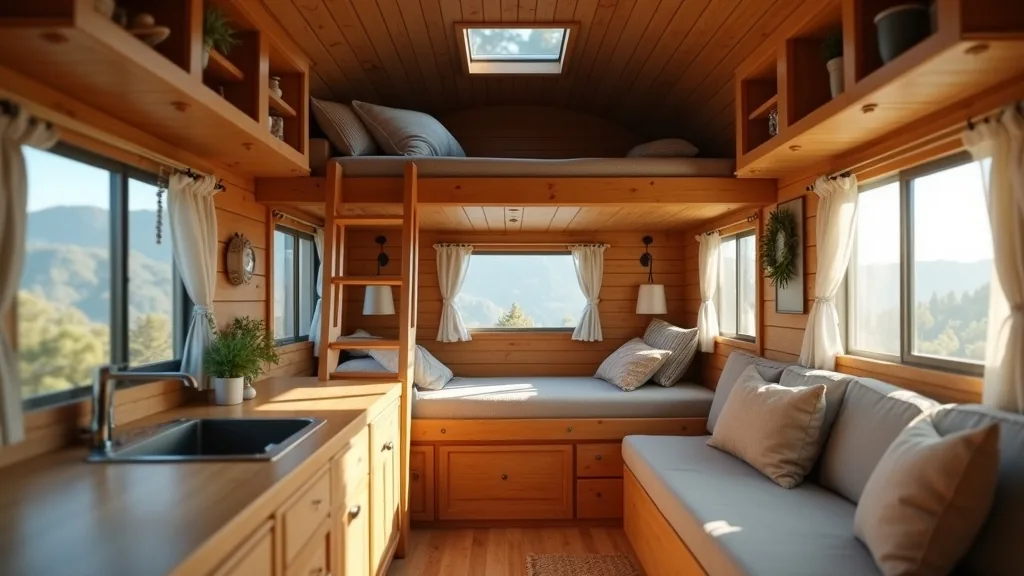 Loft bed above the living area of a camper with ladder