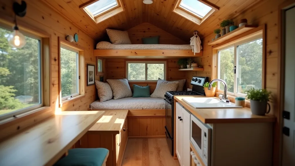 Hidden loft sleeping nook above a tiny camper kitchen
