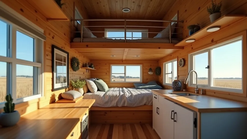 Elevated loft bed with metal railing and side windows