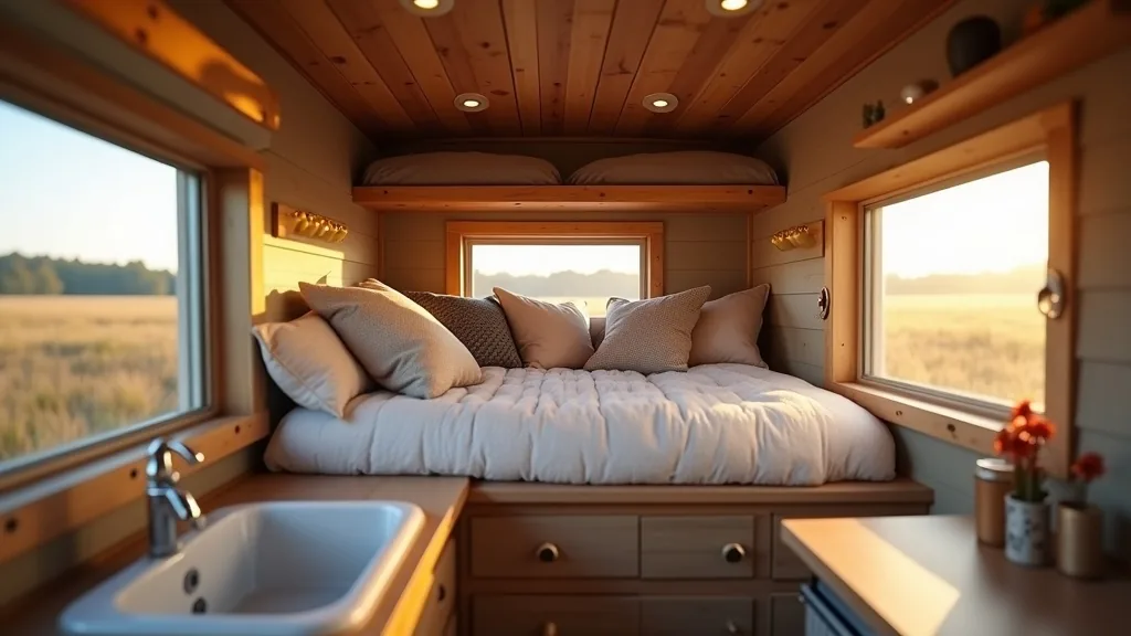 Cozy tucked-away loft bed with pillows in a small camper
