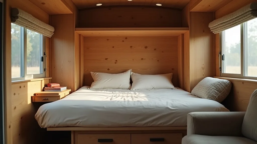 Murphy bed folded up against a camper wall with shelving