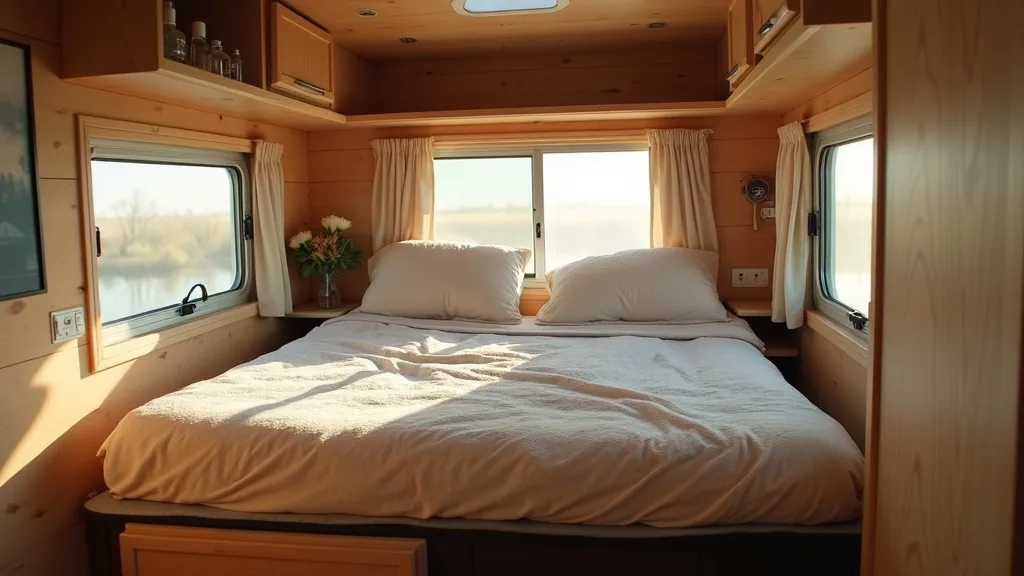 Murphy bed pulled down with cozy bedding in a tiny camper
