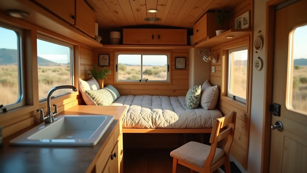 Camper interior with a wall-mounted fold-down bed