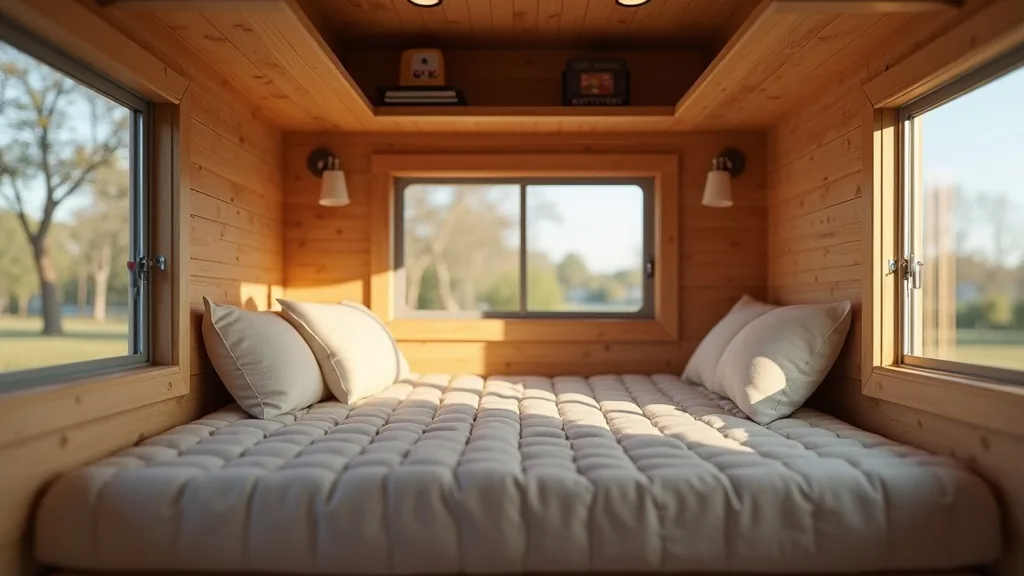 Small camper sleeping area with a folding wall bed