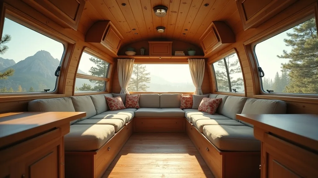 Wraparound panoramic windows around a camper lounge