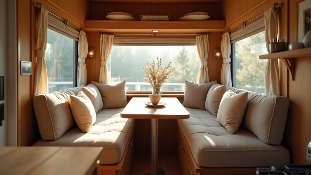 Camper window lounge with bench cushions and coffee