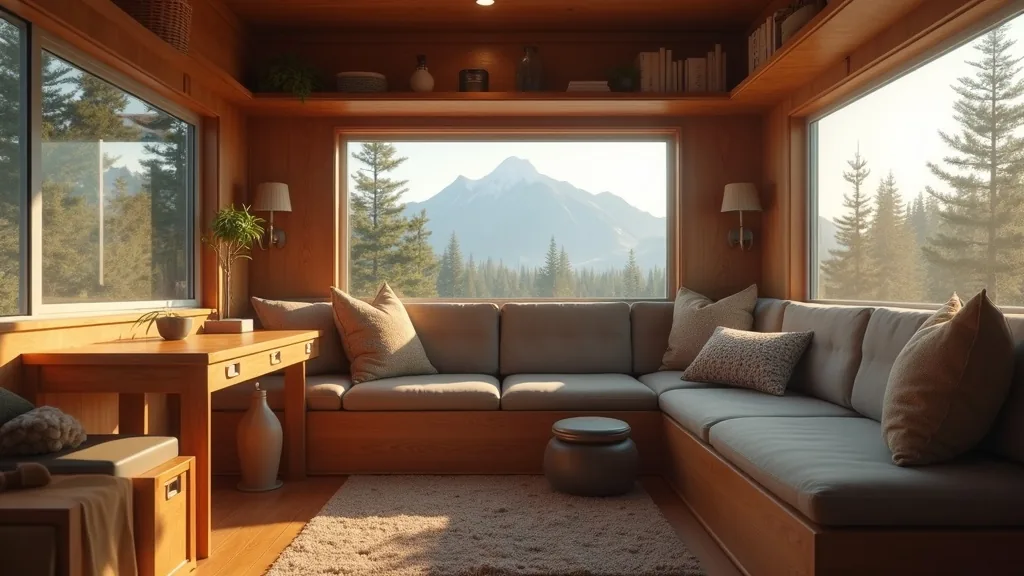 Tiny camper seating framed by large insulated windows