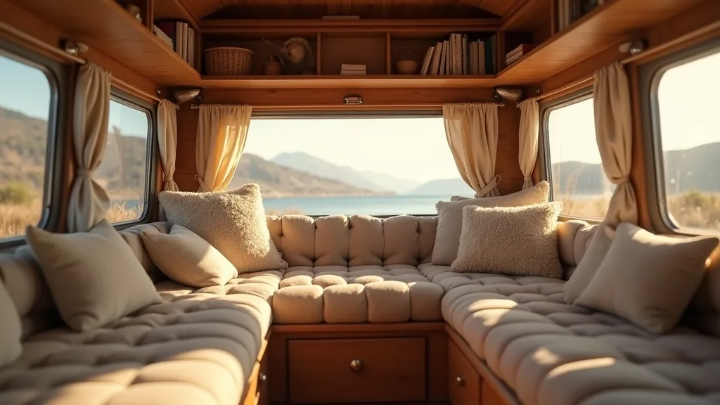 Panoramic window lounge reading corner in a small camper