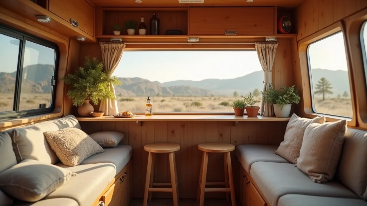 Window-facing bar counter with tucked stools in camper