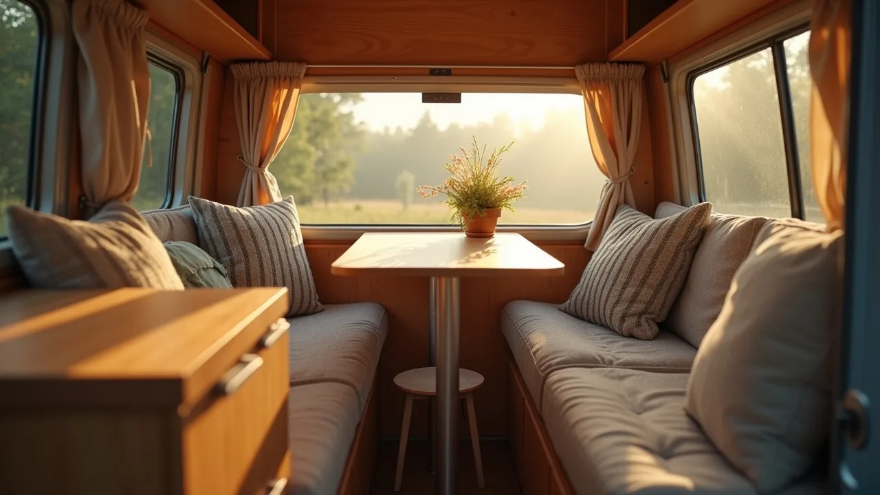 Fold-down camper counter with single stool
