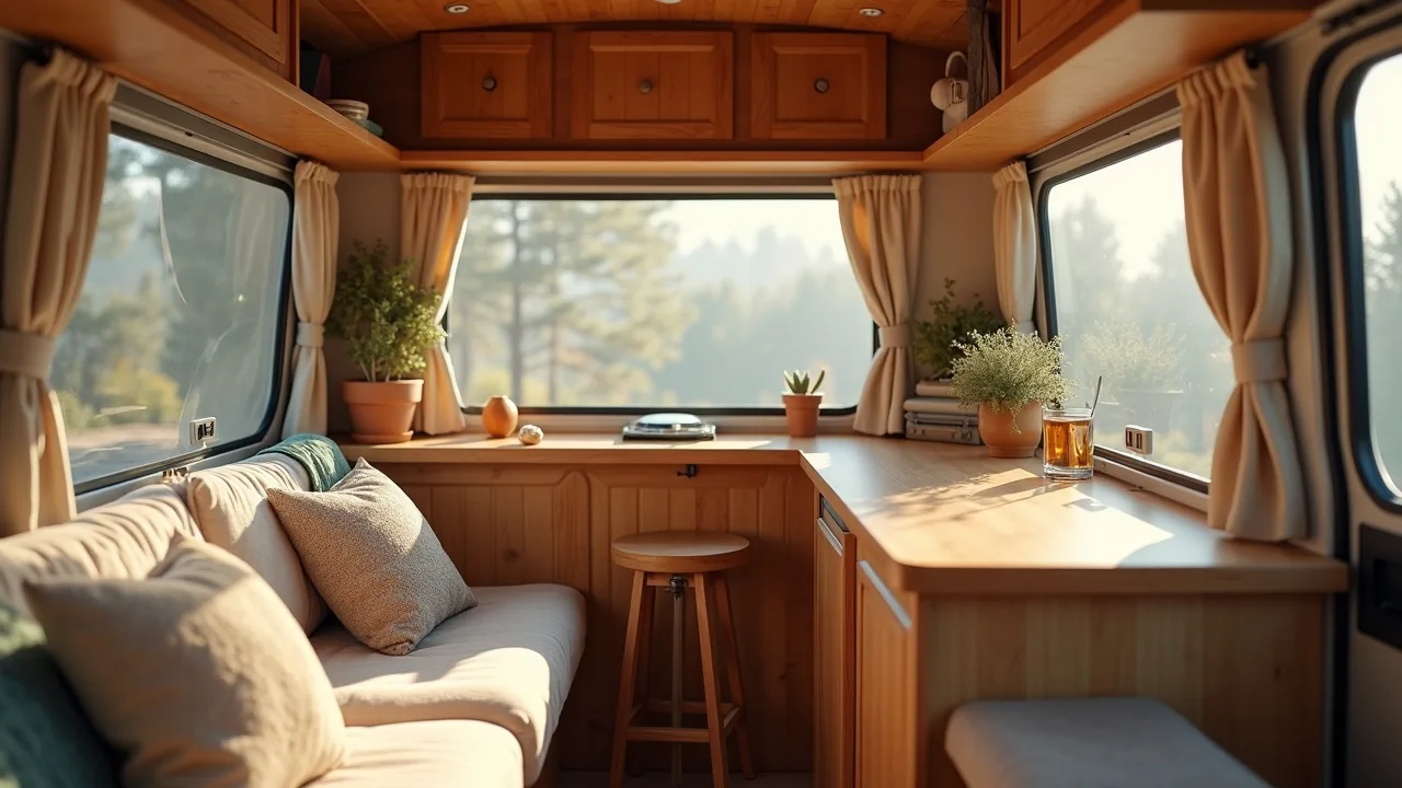 Minimalist camper bar counter with tucked stool