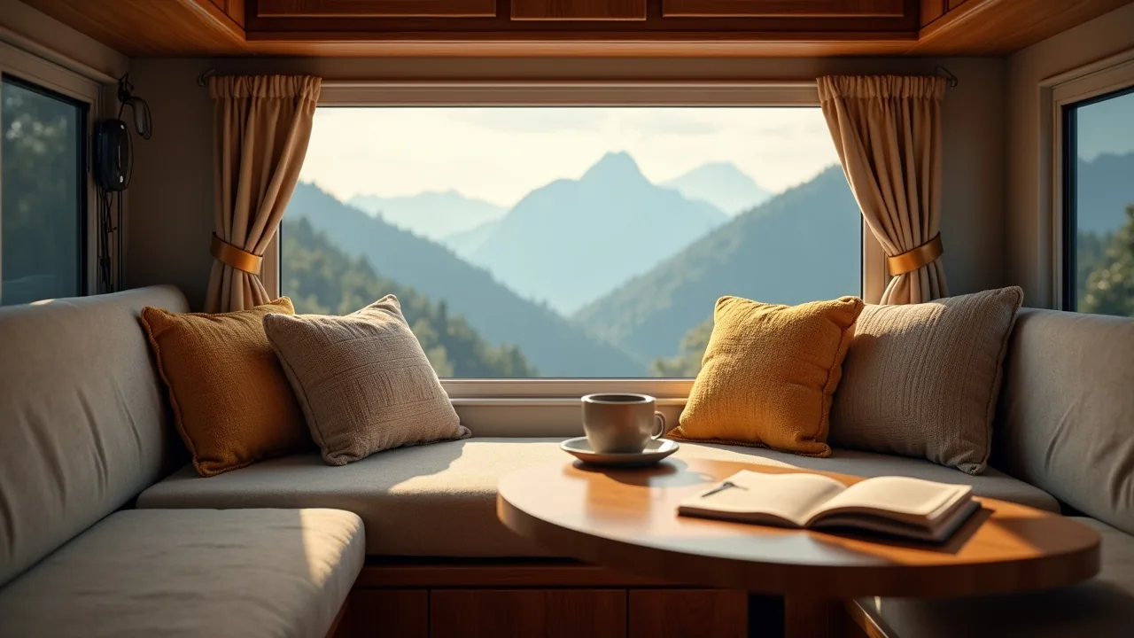 Window bar seat with coffee mug and mountain view