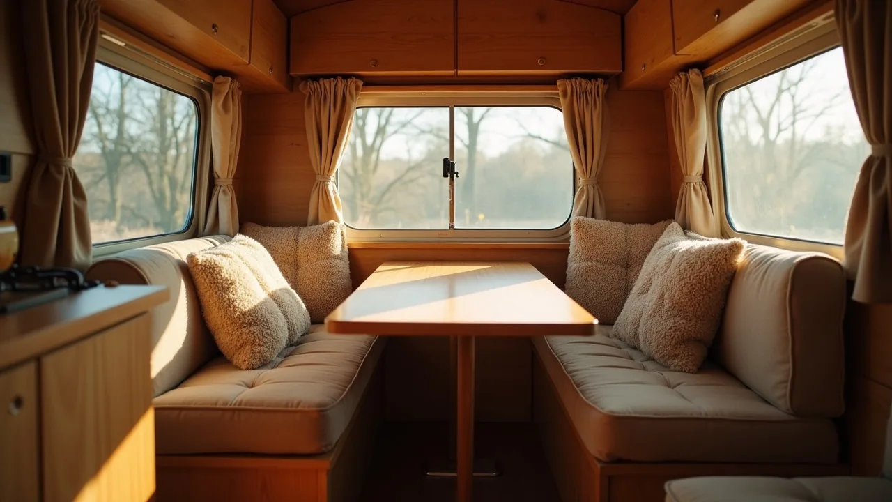 Classic camper dinette with facing benches and wood table
