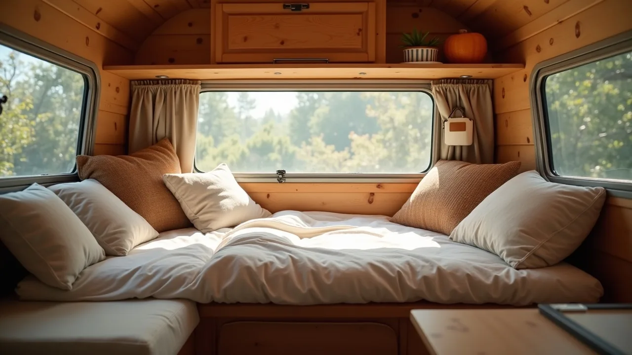 Camper dinette converted into a flat bed