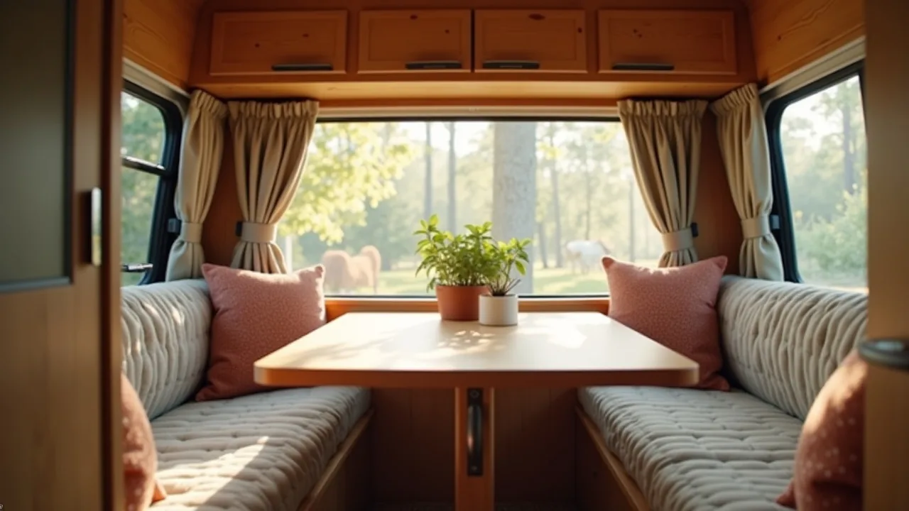 Dinette nook with side benches and plant