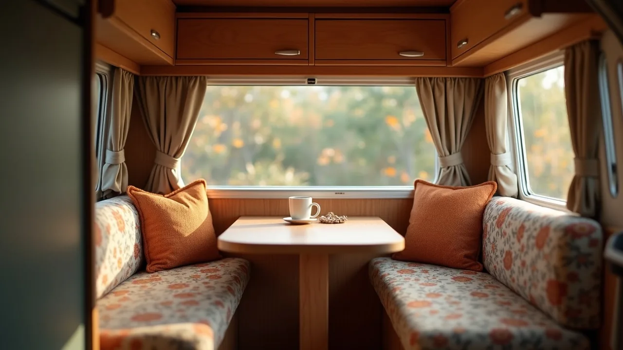 Cozy dinette with patterned cushions and coffee mug
