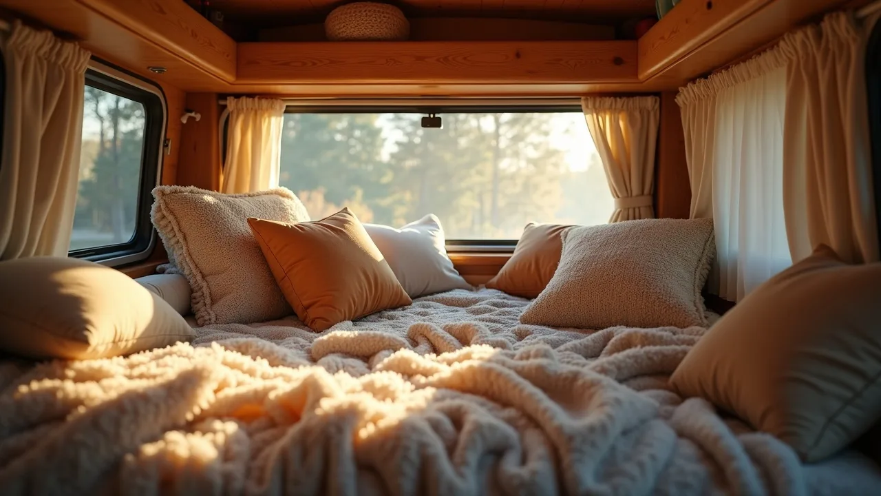Cozy camper lounge pod with layered blankets