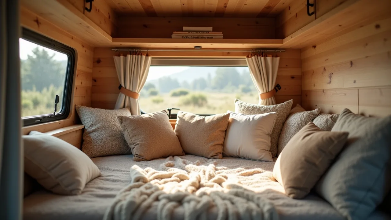 Miniature living-room style lounge pod in a van