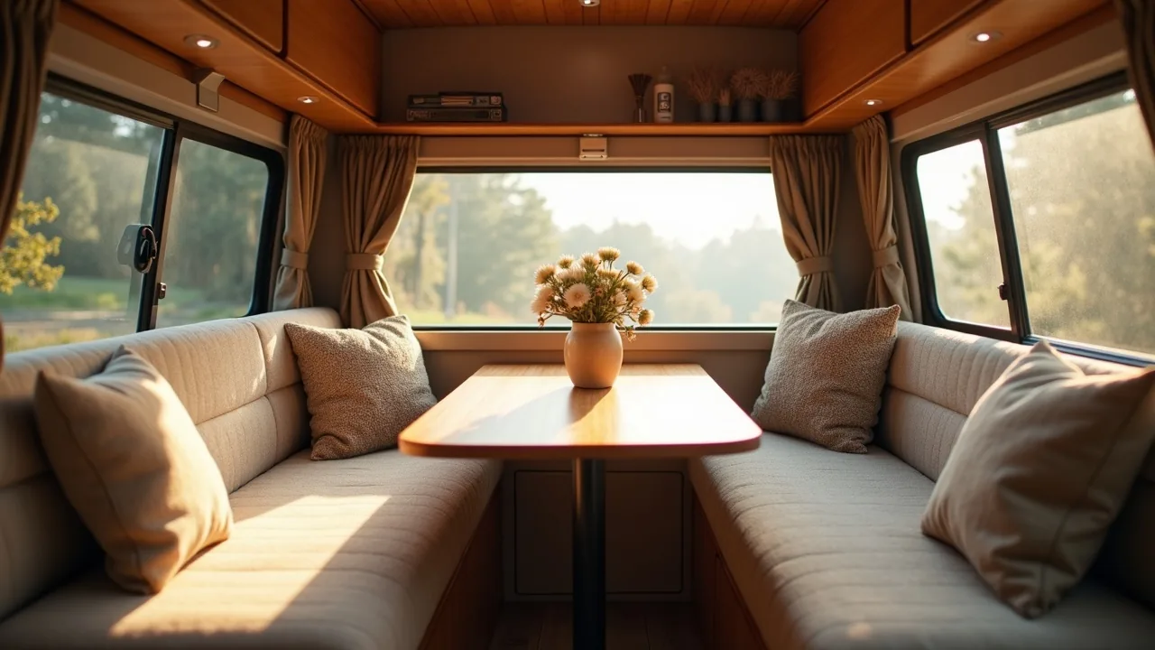 Rear u-shaped bench with open doors and nature view