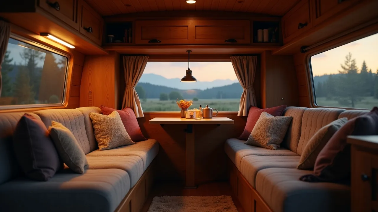 U-shaped social seating with soft dusk lighting