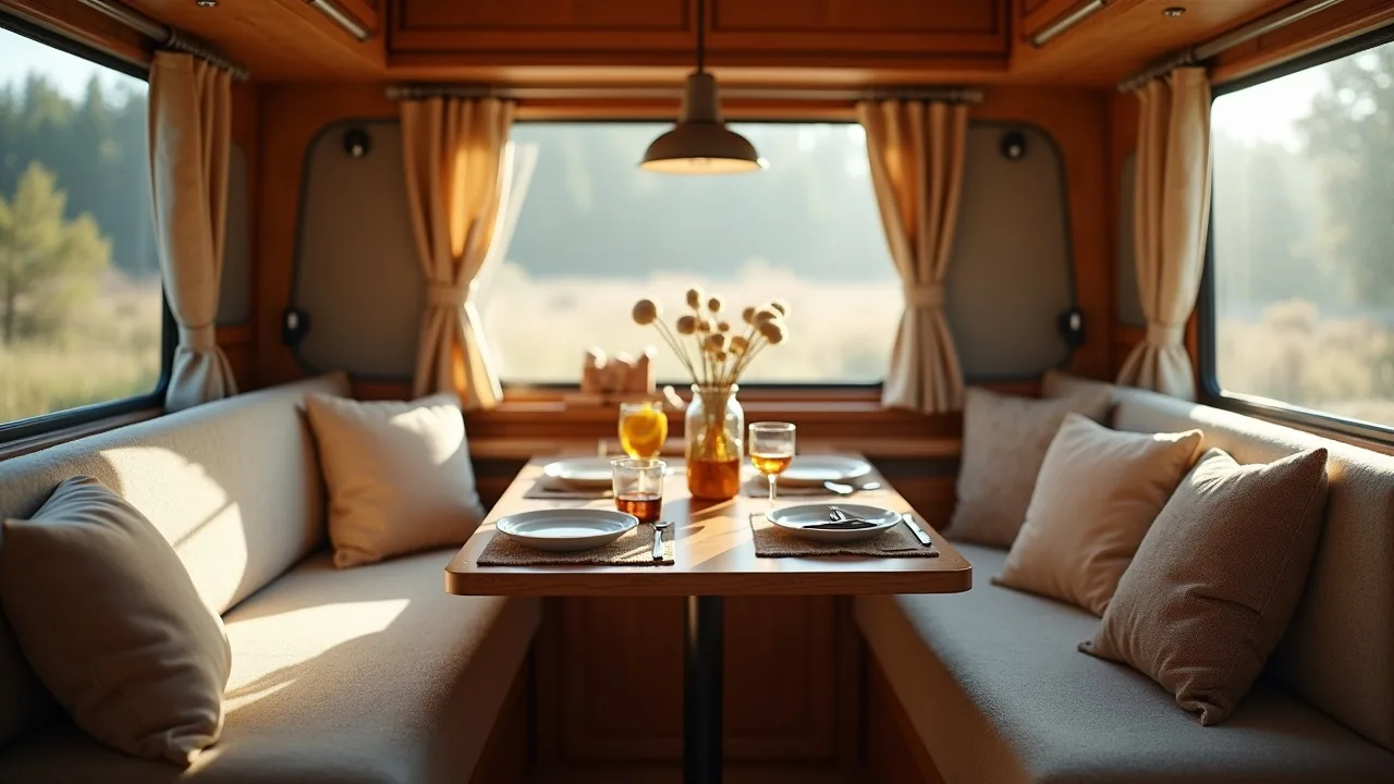 Wraparound booth set for a meal with rotating tabletop