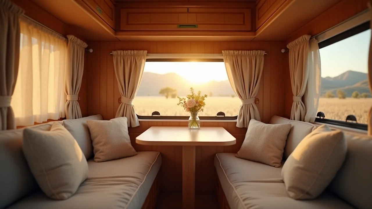 Luxurious wraparound camper booth with warm lighting
