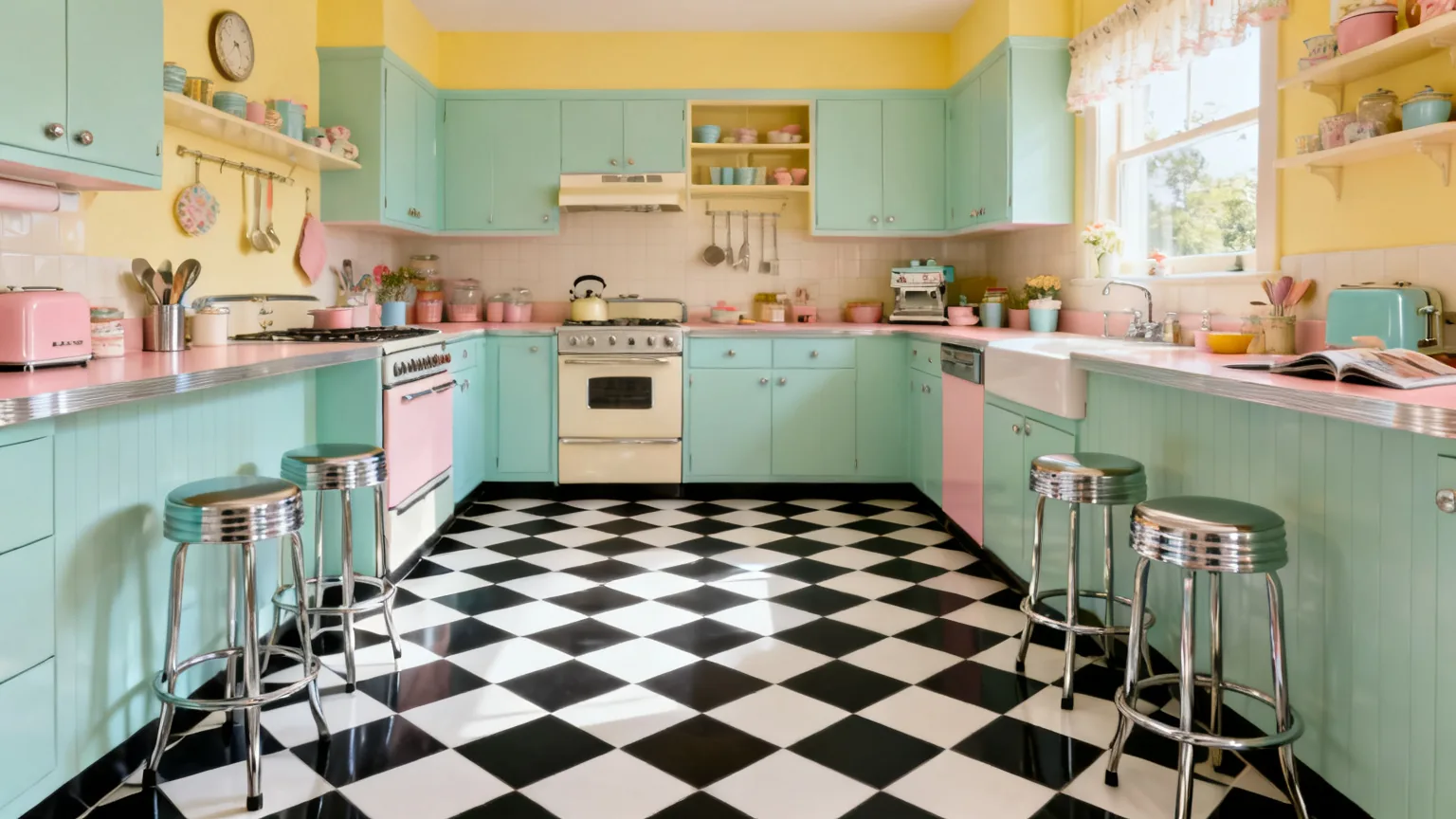 Retro kitchen with a black and white checkerboard floor
