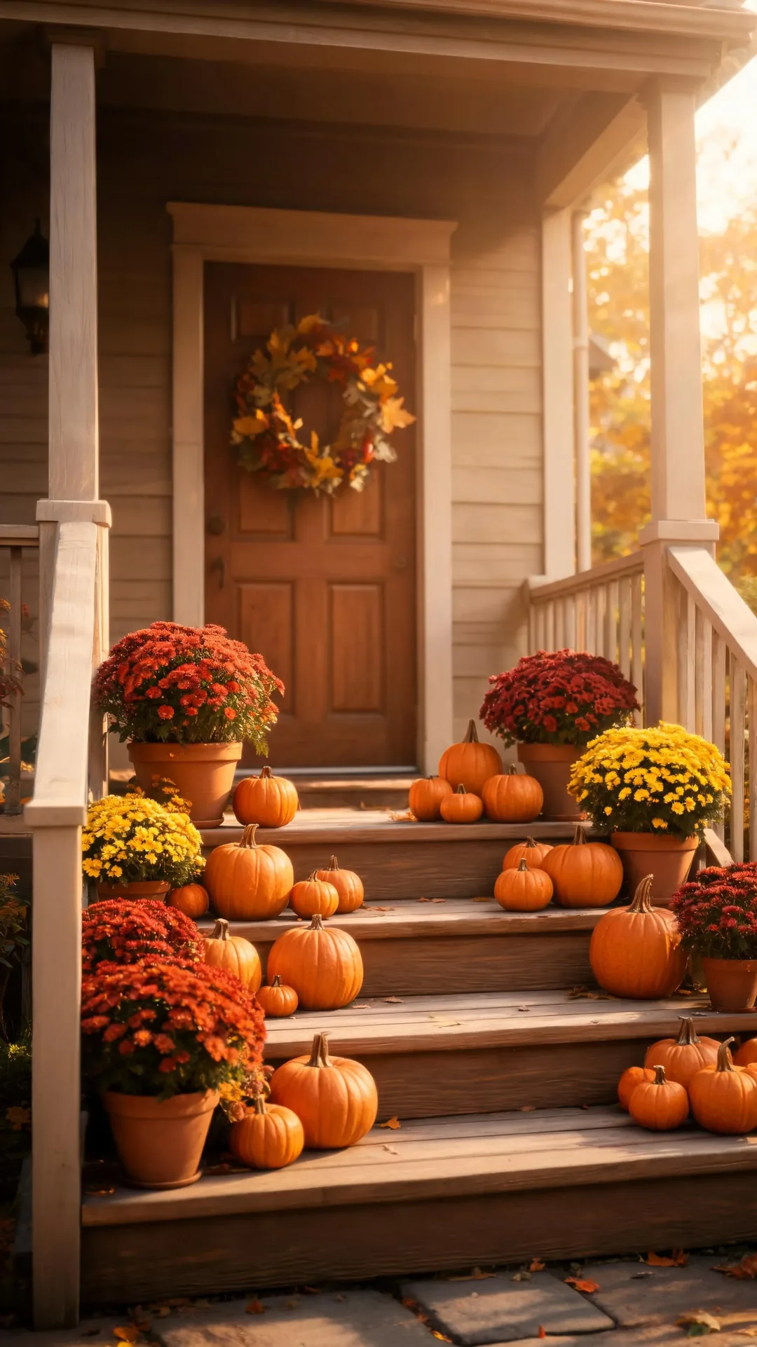 Classic fall porch with pumpkins and mums