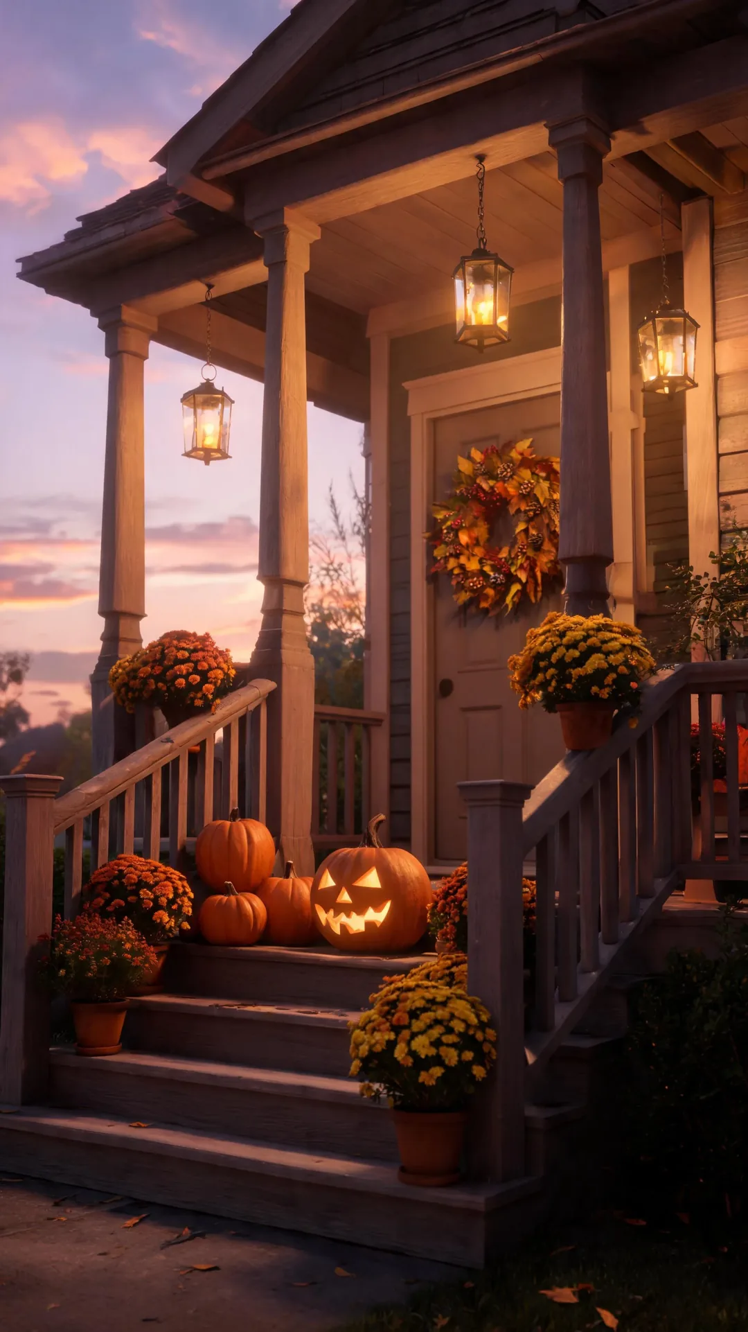 Lantern-lit fall front porch at dusk