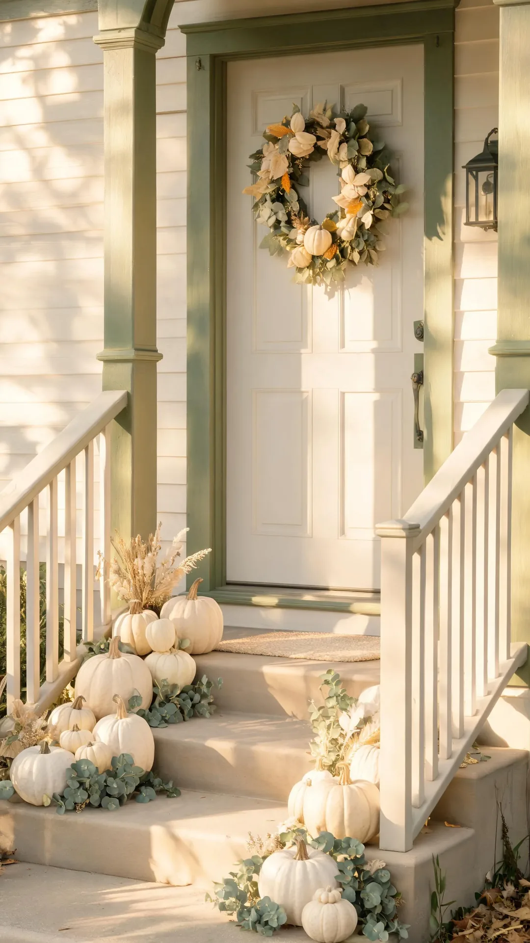 Neutral white-pumpkin fall porch