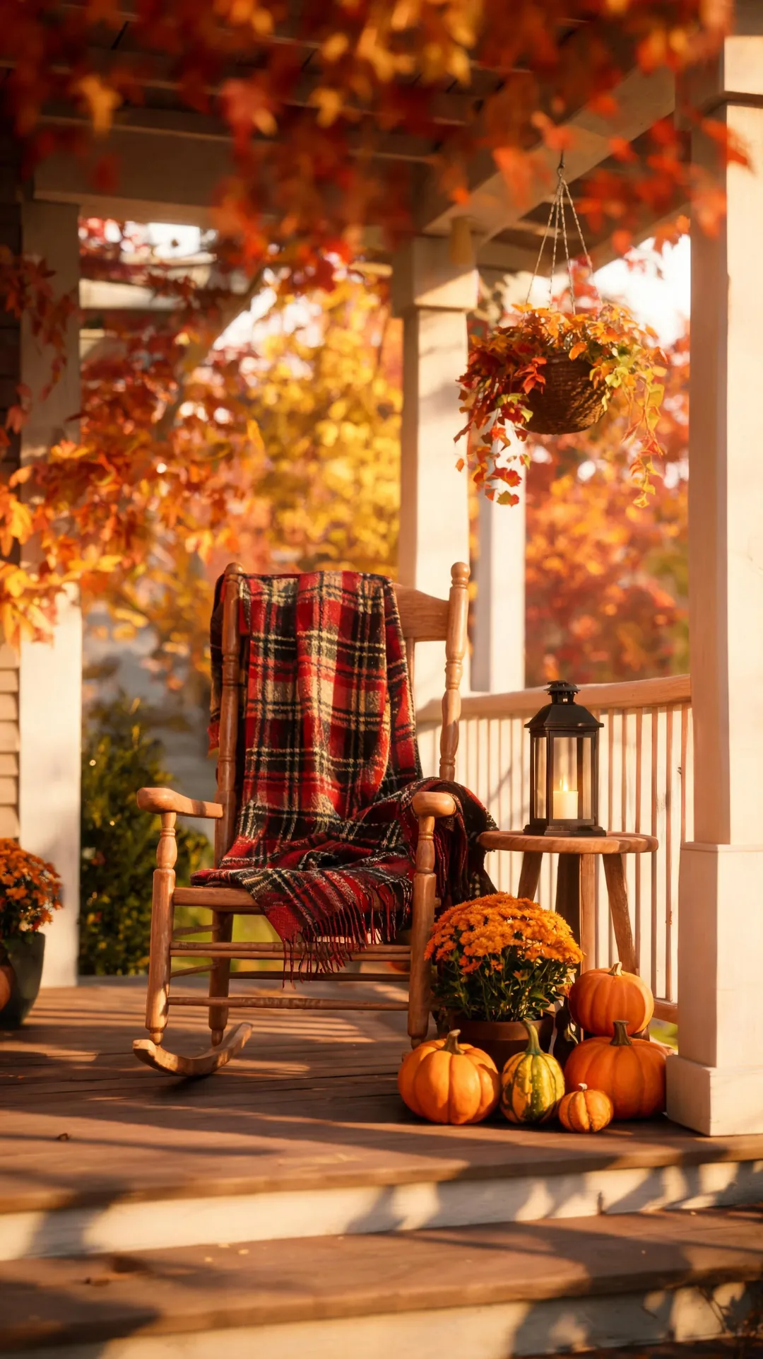 Cozy plaid rocking chair porch nook
