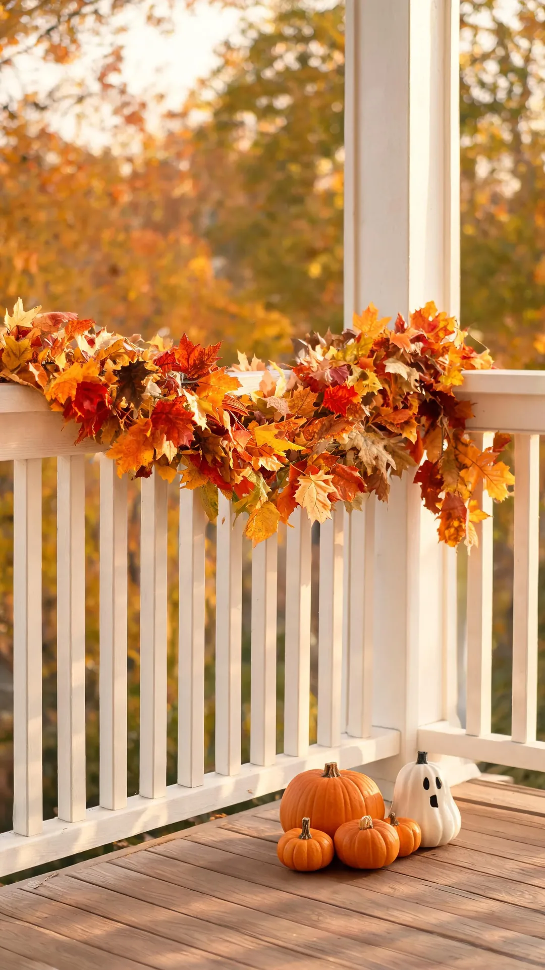 Fall leaf garland on a porch railing