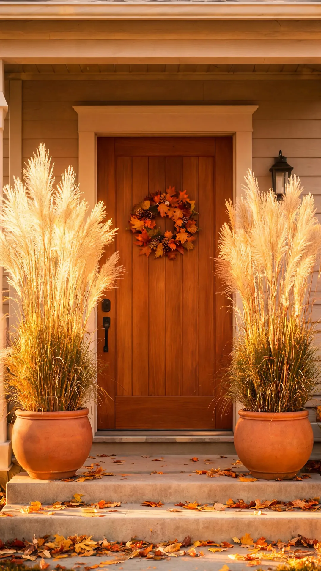 Ornamental grasses beside a front door