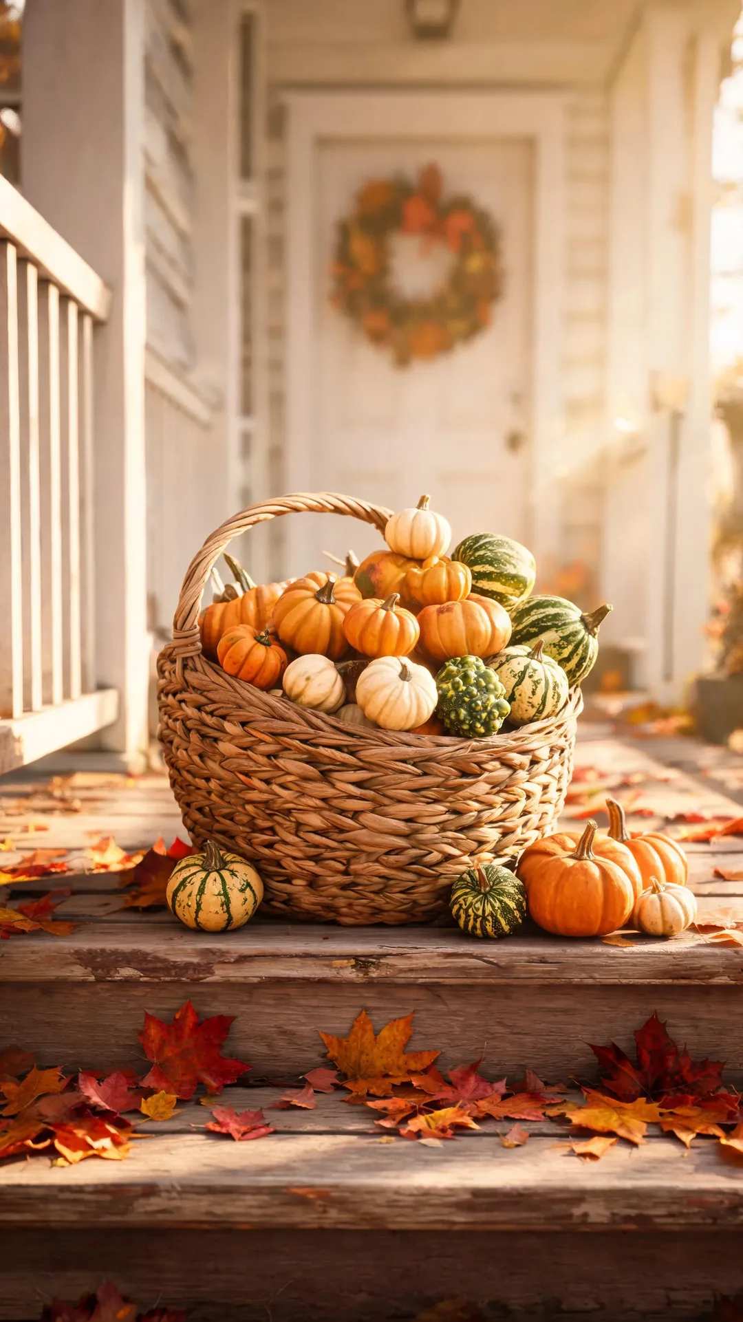 Basket of gourds on porch steps