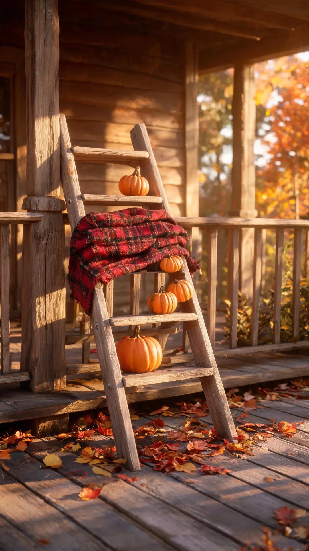 Wooden ladder with a fall throw on a porch