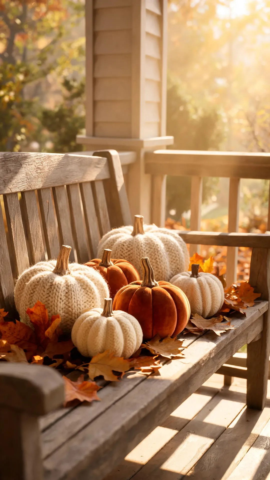 Knit and velvet pumpkins on a porch bench