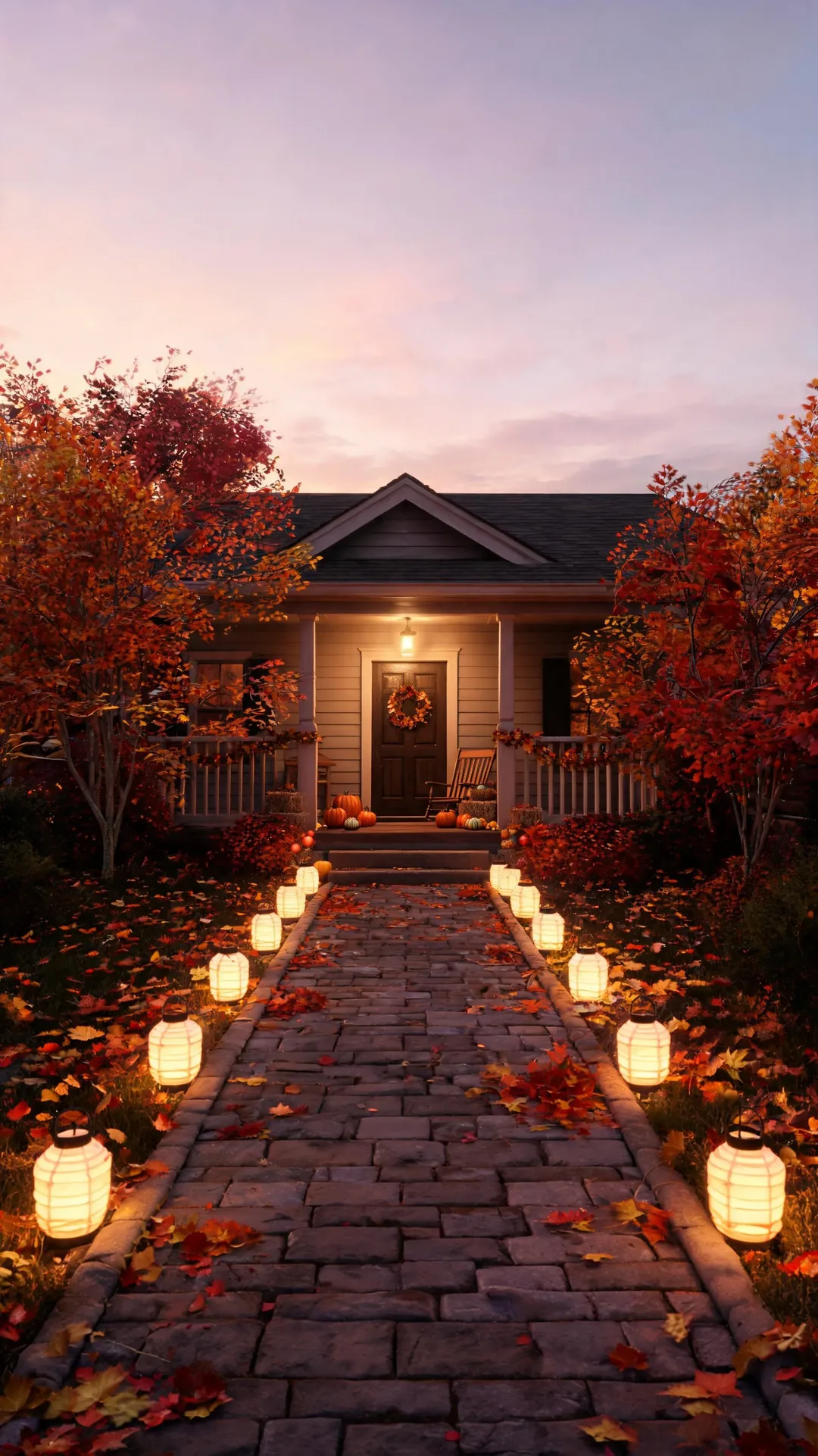 Mini lanterns lining a path to the porch