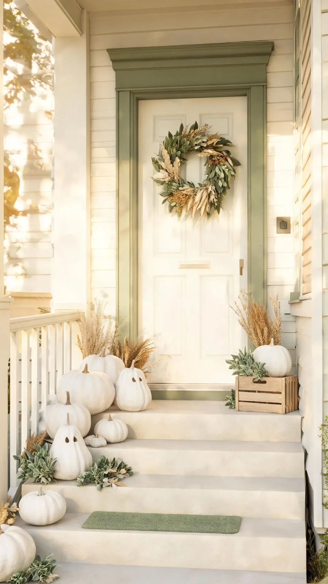 Neutral fall front porch with white pumpkins