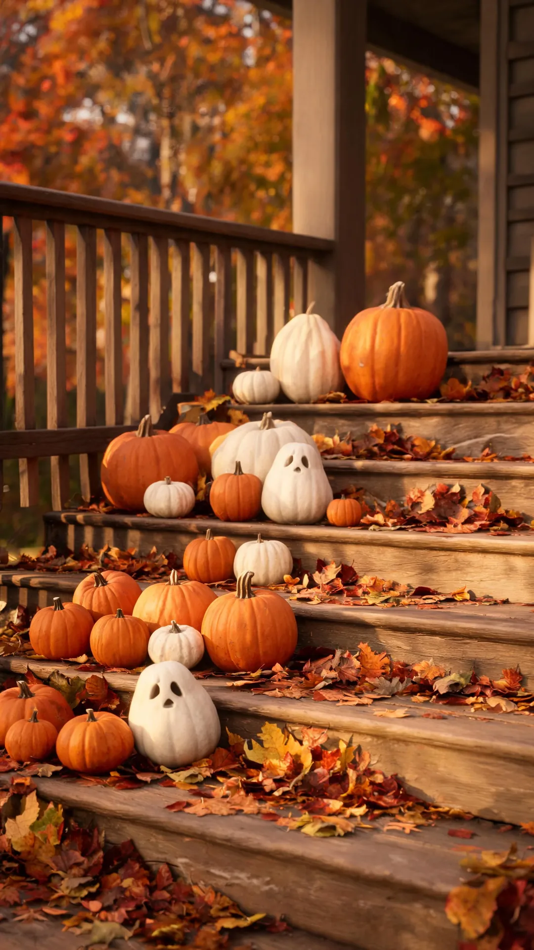 Pumpkins layered down front porch steps for fall