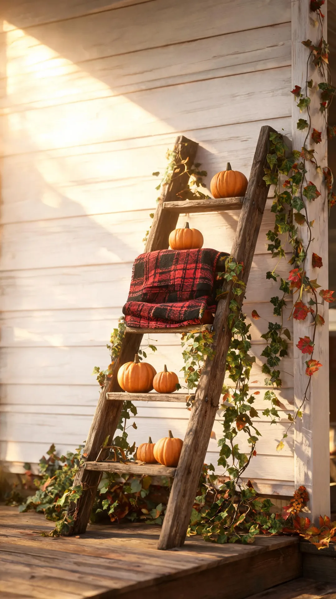 Rustic wooden ladder styled with pumpkins and a throw on a porch