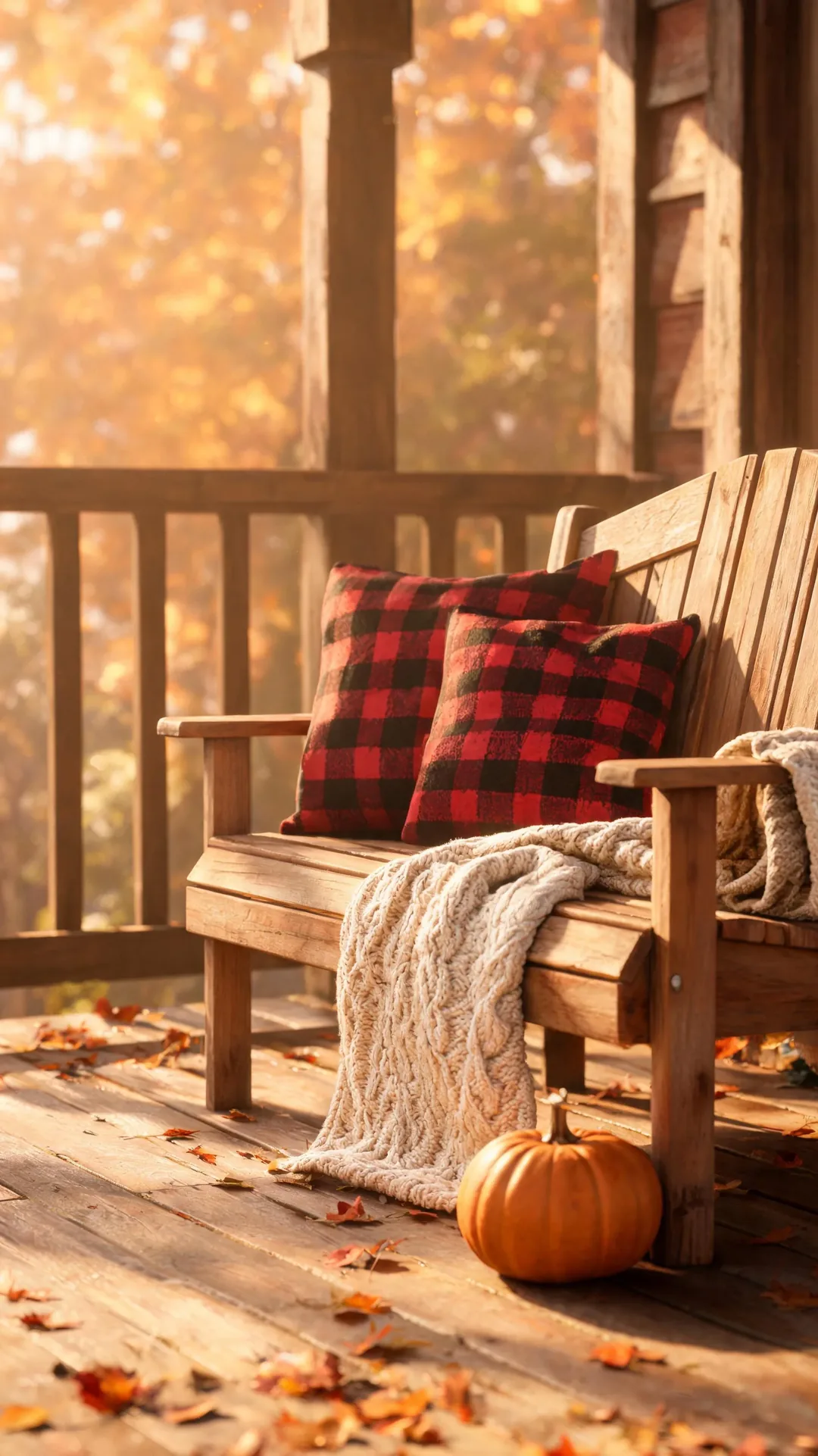 Buffalo-check pillows on a porch bench for fall