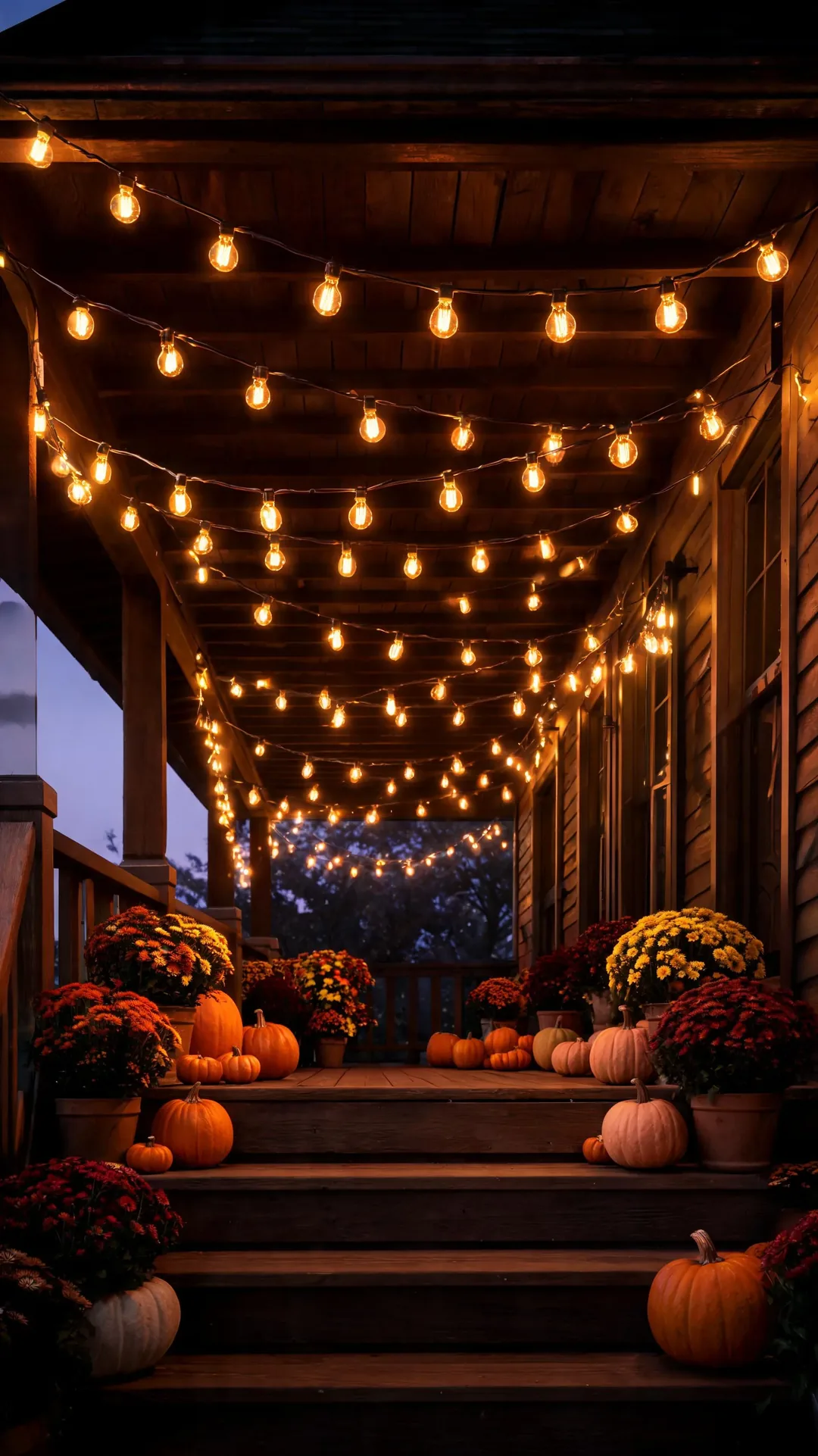Warm string lights over a cozy fall front porch