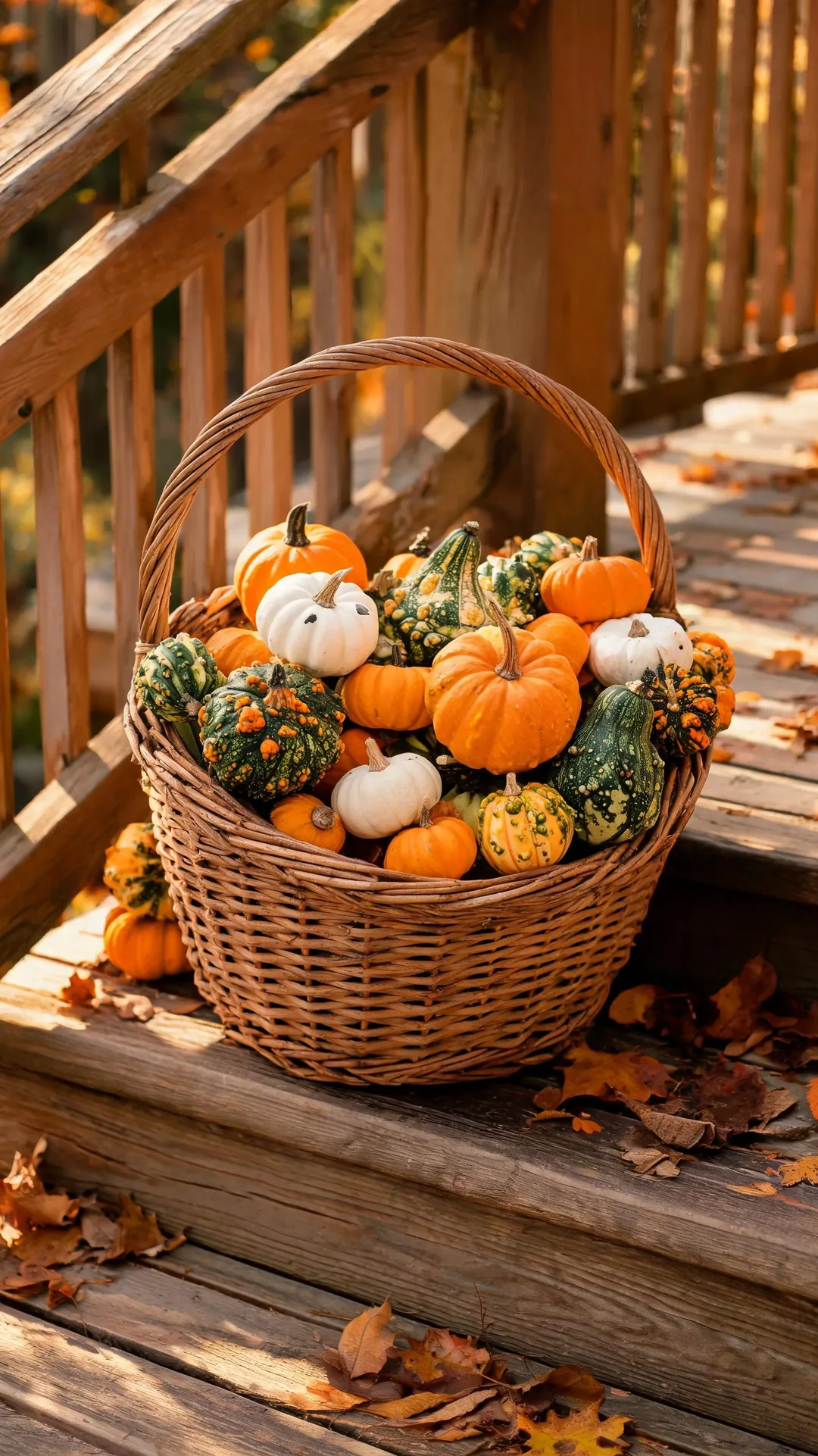 Basket of mixed gourds and mini pumpkins on a fall porch