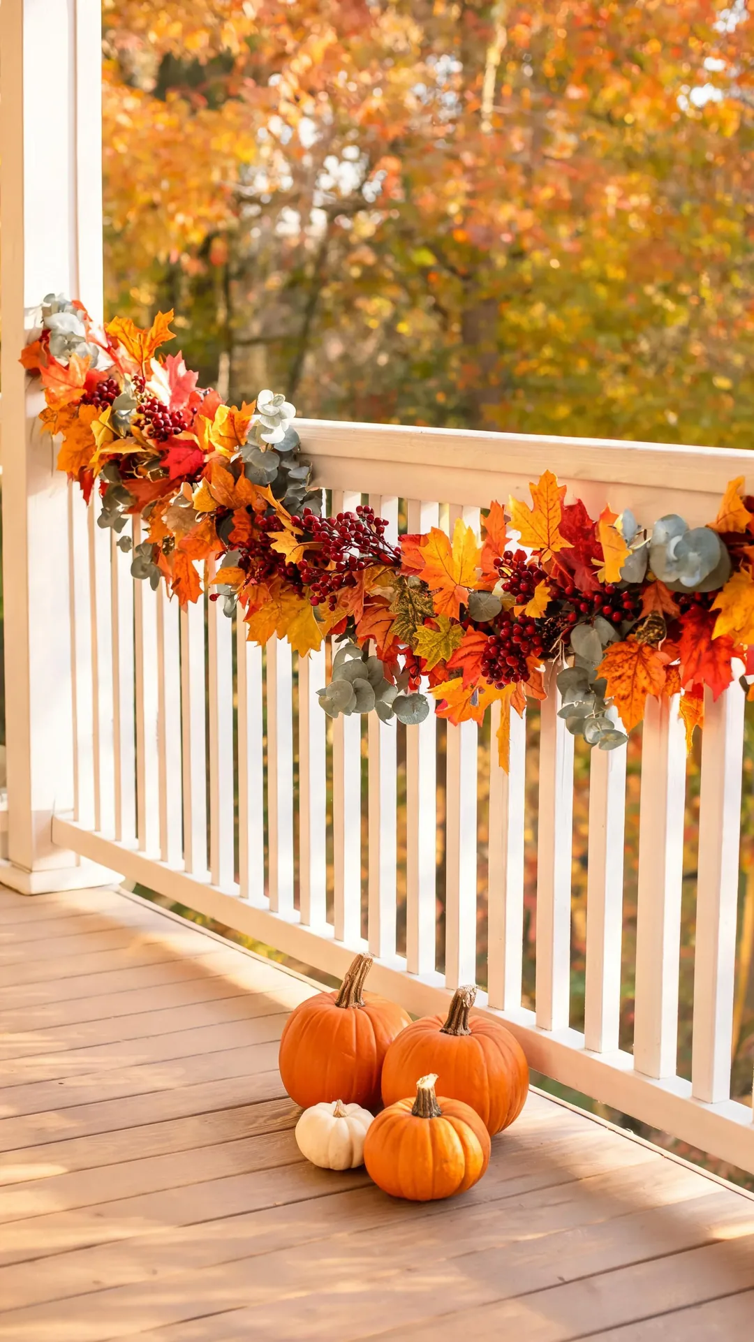 Fall leaf garland draped along a porch railing