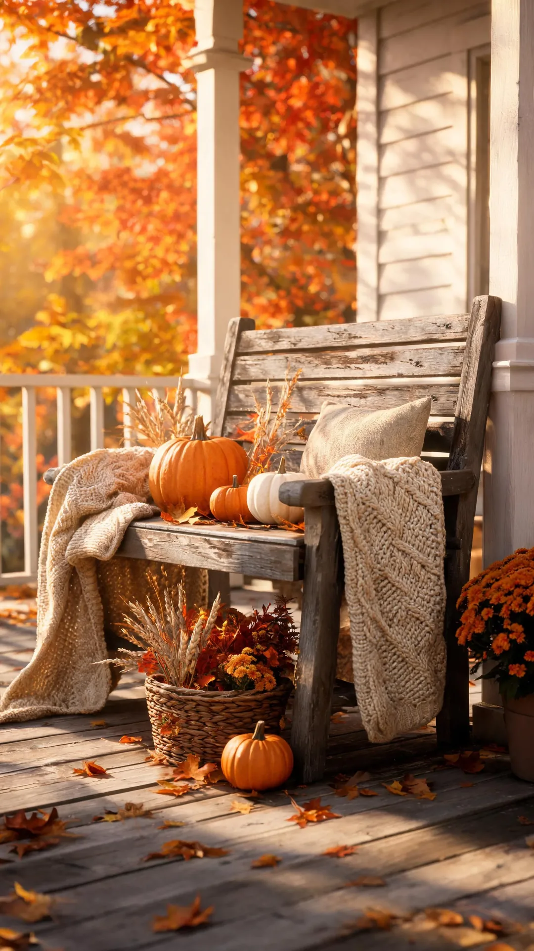Rustic wooden bench styled for fall on a front porch