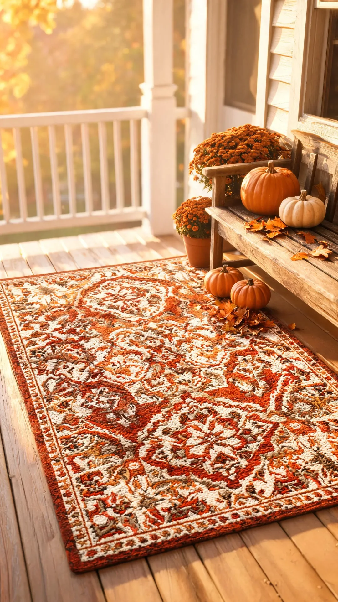 Warm-toned patterned outdoor rug on a fall porch