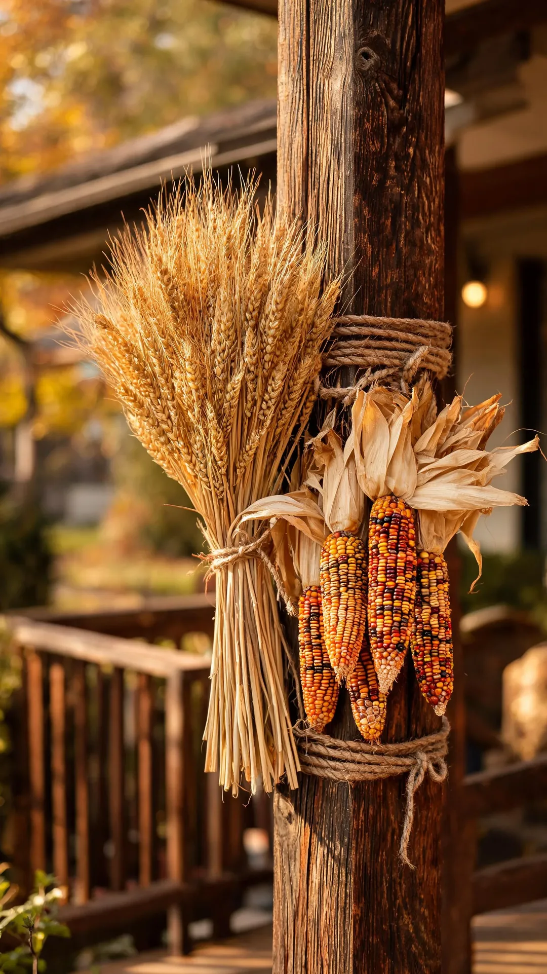 Dried wheat and corn bundles tied to a porch post